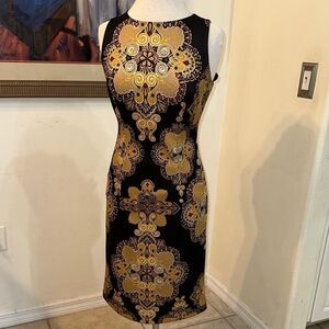New York & Co. Black/Gold Patterned Dress Size Medium